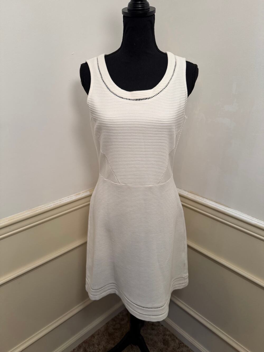 Brooks Brothers White Ribbed Cotton Sleeveless Fit & Flare Dress Eyelet Detail